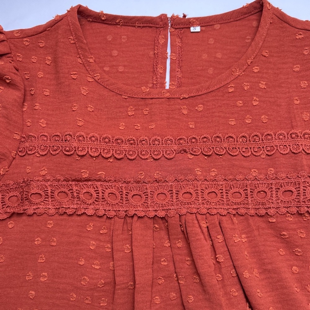 Rust Swiss Dot Lace Yoke Long-Sleeve Blouse size small - Picture 5 of 9